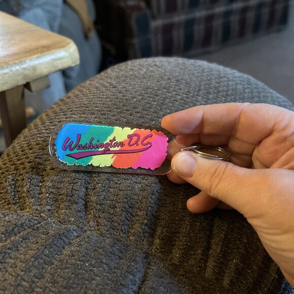 Washington DC Acrylic Souvenir Keychain Neon 70’s Look Rainbow Pride - Picture 2 of 3